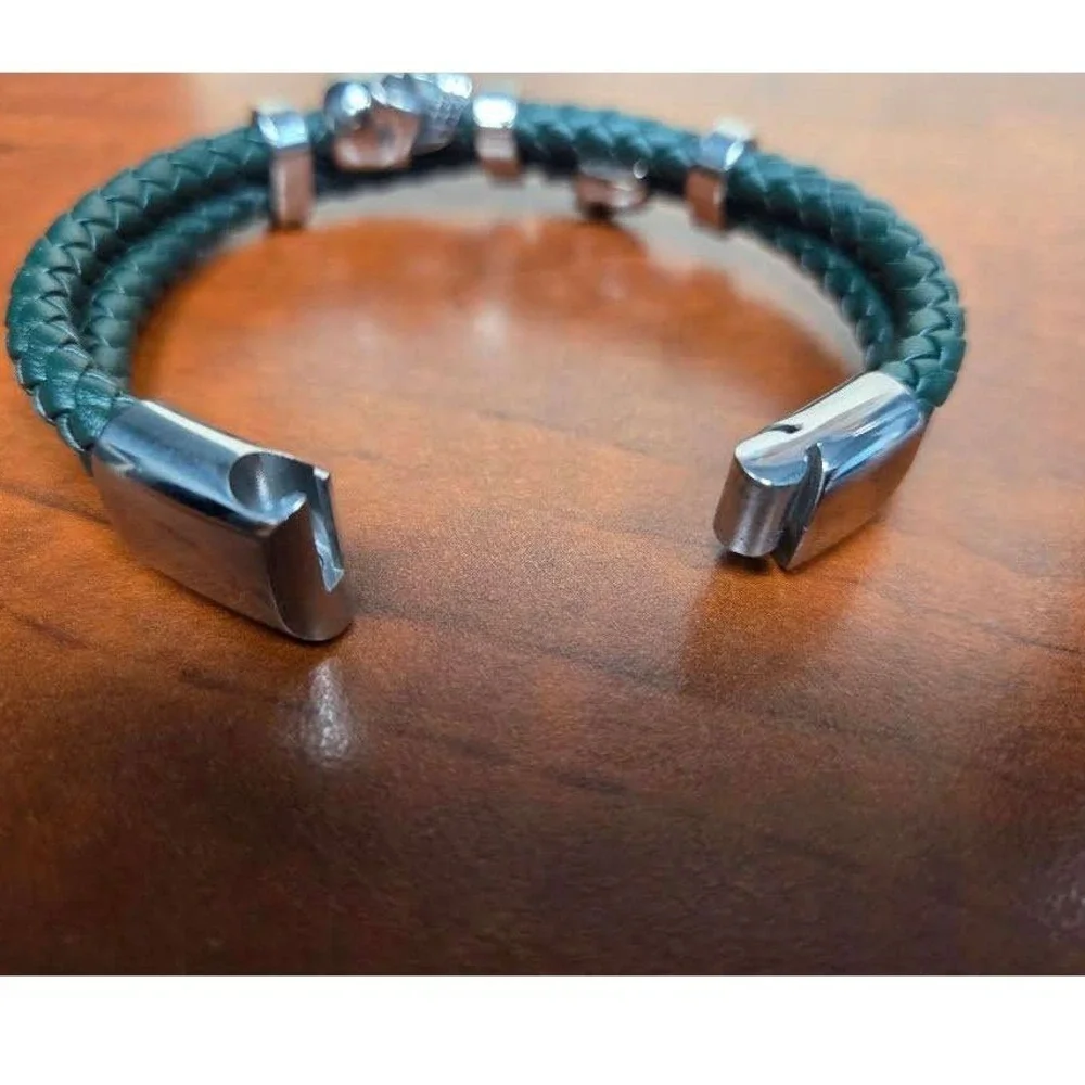 Green Braided Leather Skull Bracelet Silver Magnetic Clasp Gothic Biker